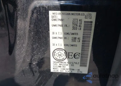 2010 Nissan Pathfinder Le z USA, uszkodzony, nr VIN 5N1AR1NB3AC615762